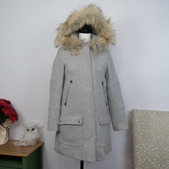 J. Crew Italian Stadium Cloth Wool Coat Size 0 Chateau Parka Removable Fur Hood - Picture 10 of 12